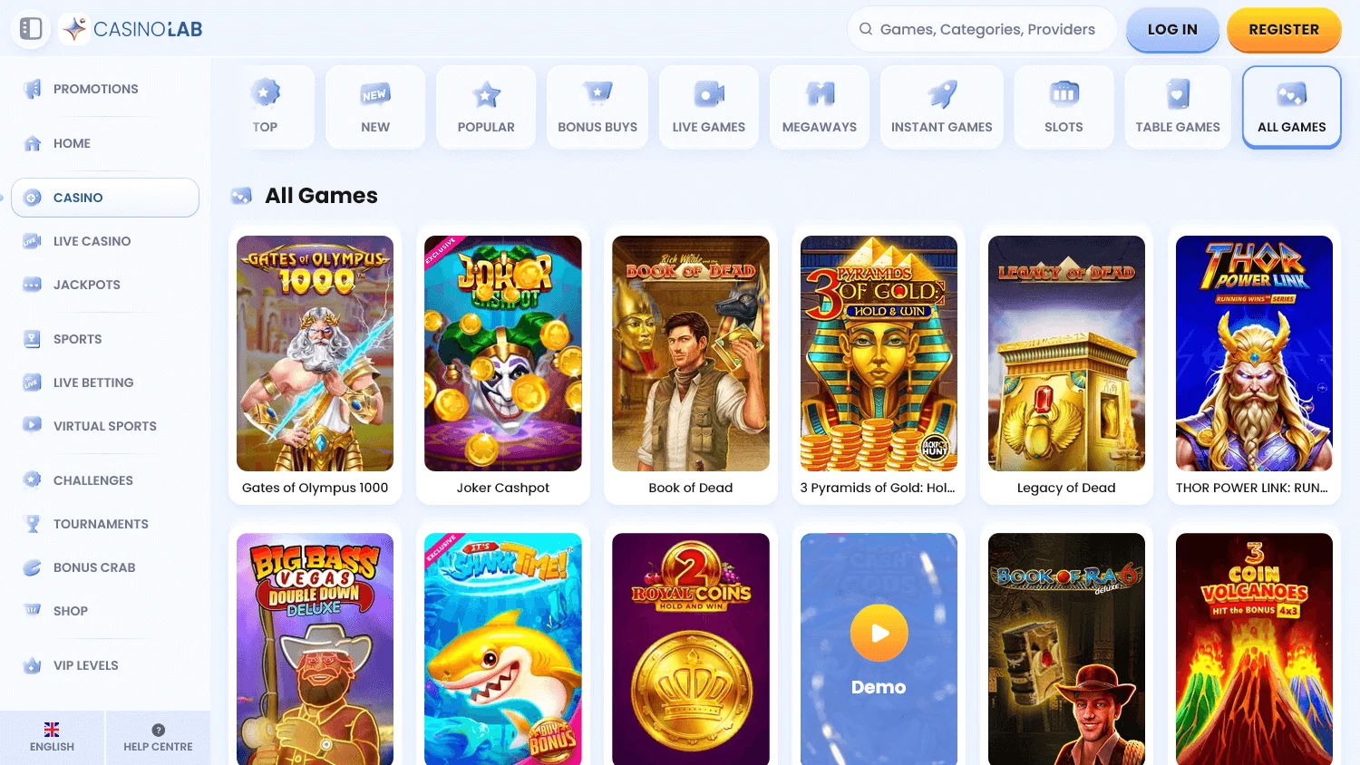 Casino Lab casino games and sportsbook selection on desktop