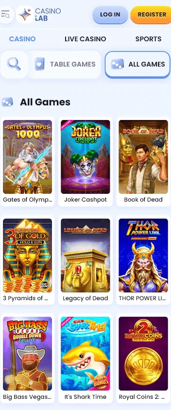 Casino Lab mobile casino games and betting selection
